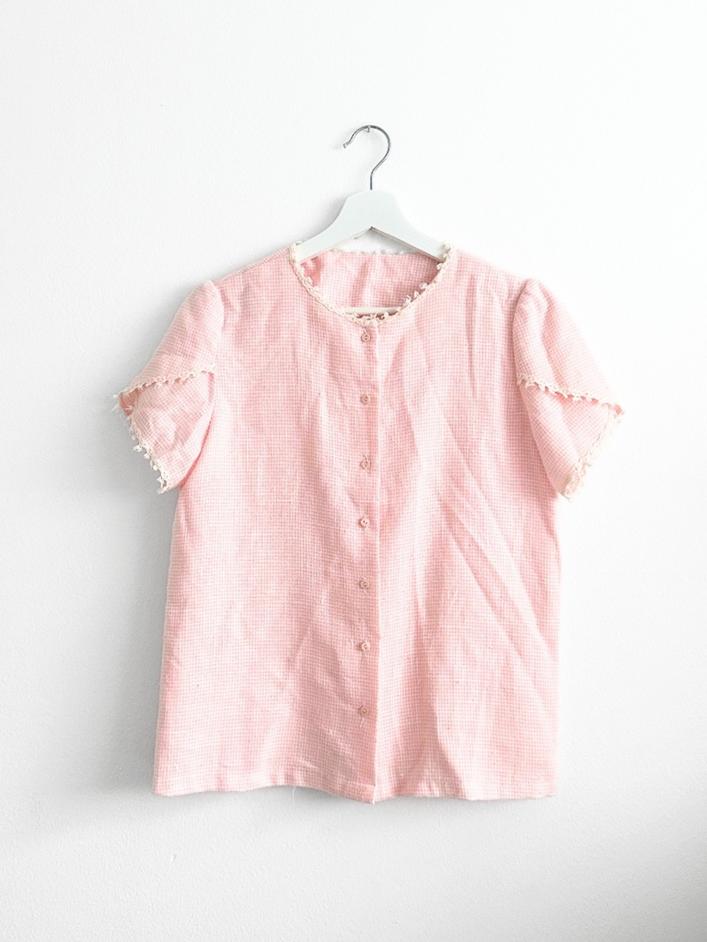 Handmade Pretty Women's Blouse Short Sleeve Casual Gingham & Lace Pink Medium